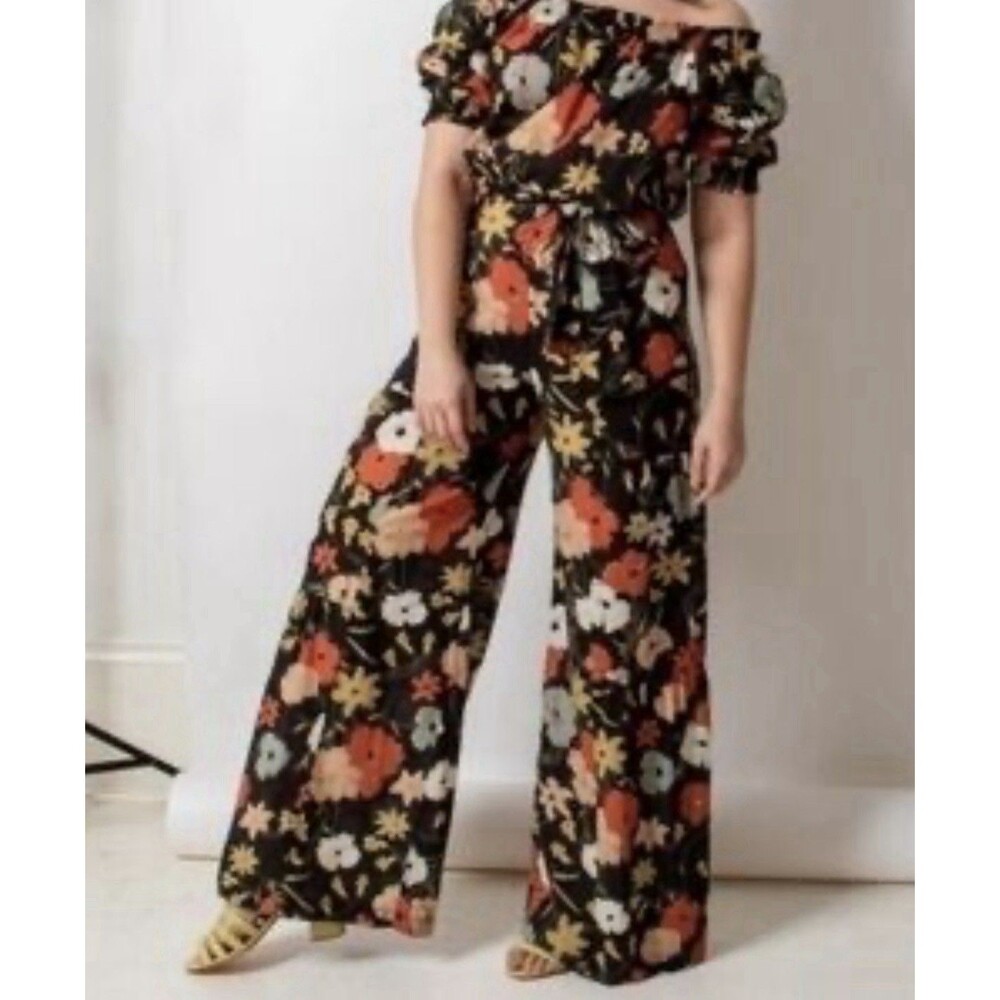 Warm Jumpsuit Romper Meadows Wide Leg Black Floral SM Resort Wear Off Shoulder